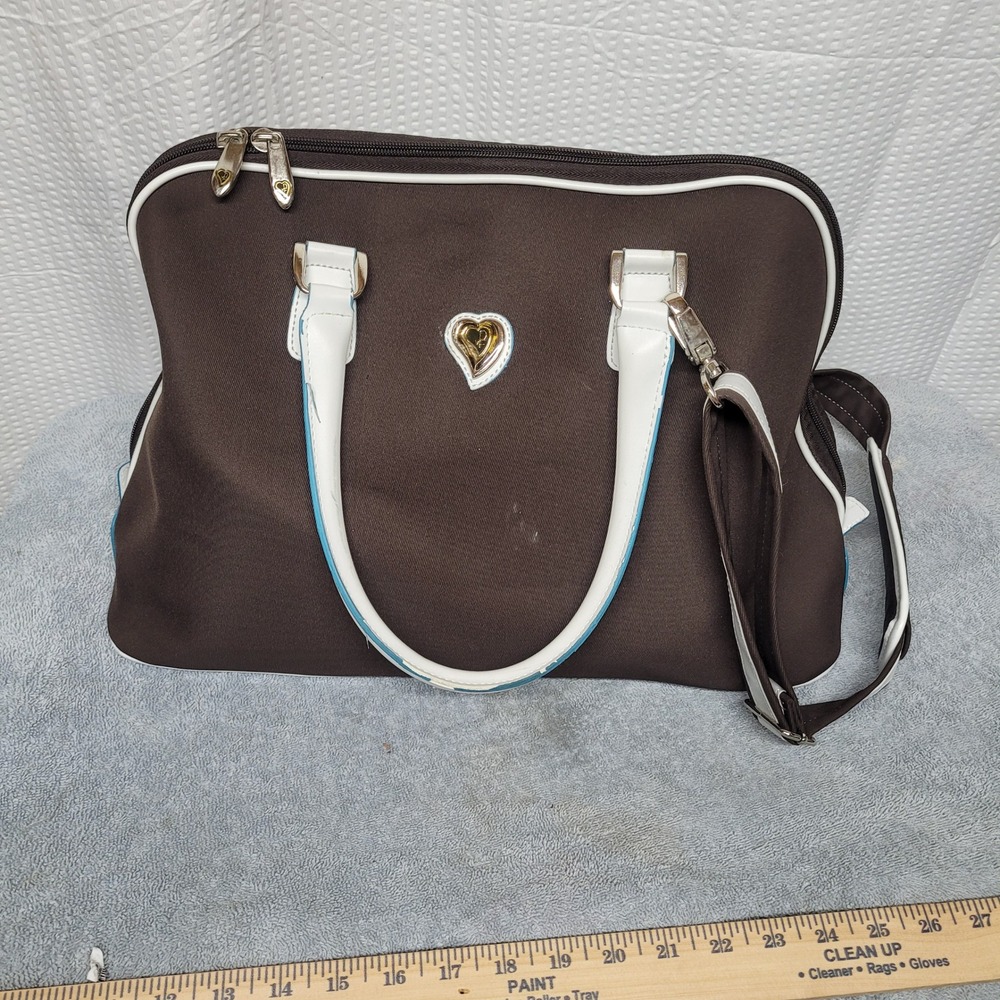 Diane von Furstenberg DVF Brown Canvas Satchel Bag White Trim Turquoise Interior